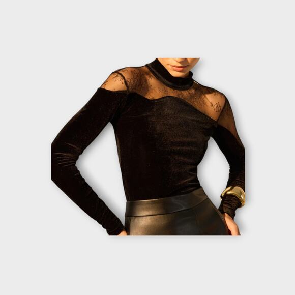 Commense Black Velvet & Lace Mesh Long Sleeve Top – XL (US 12) - Picture 2 of 5